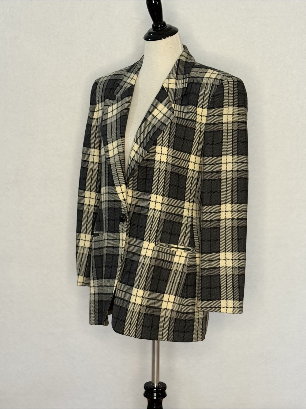 Jones New York Plaid Blazer Jacket Size 8 Black Cream 100% Pure Wool Heritage - Picture 7 of 14